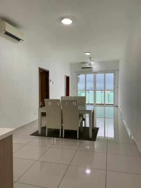 Dining features: white painted walls, glossy ceramic tile flooring, 5-blade ceiling fan with light, wall-mounted split AC, 6-seater dining table, upholstered dining chairs, large sliding glass door, curtains, neutral color decor; style: modern; view: city.