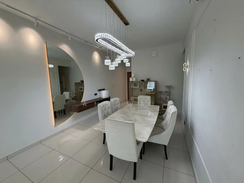 Dining features: marble dining table, 6 upholstered dining chairs, chandelier with crystal accents, white painted walls, large mirror with backlighting, recessed lighting, tile flooring, decorative wall feature, clock on wall; style: modern.