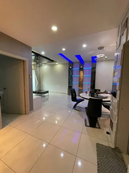 Dining features: white glossy tile flooring, grey painted walls, recessed LED downlights, blue LED accent lighting, round dining table, black dining chairs, open layout, wall-mounted decorative panel; style: modern. Room features: white walls, ceiling with exposed beams, doorway leading to another room.