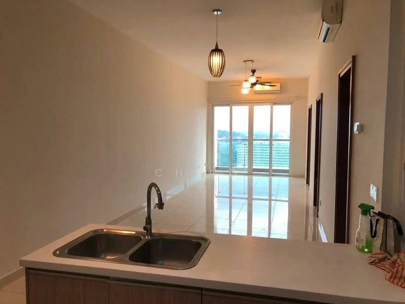 Kitchen features: double-bowl stainless-steel sink, chrome pull-down faucet, white cabinetry, countertop with overhang, tile flooring, recessed downlights, wall-mounted split AC; style: modern; view: city. Living features: floor-to-ceiling windows, sliding glass door, ceiling fan, light-colored walls, glossy tile flooring; style: modern; view: city.