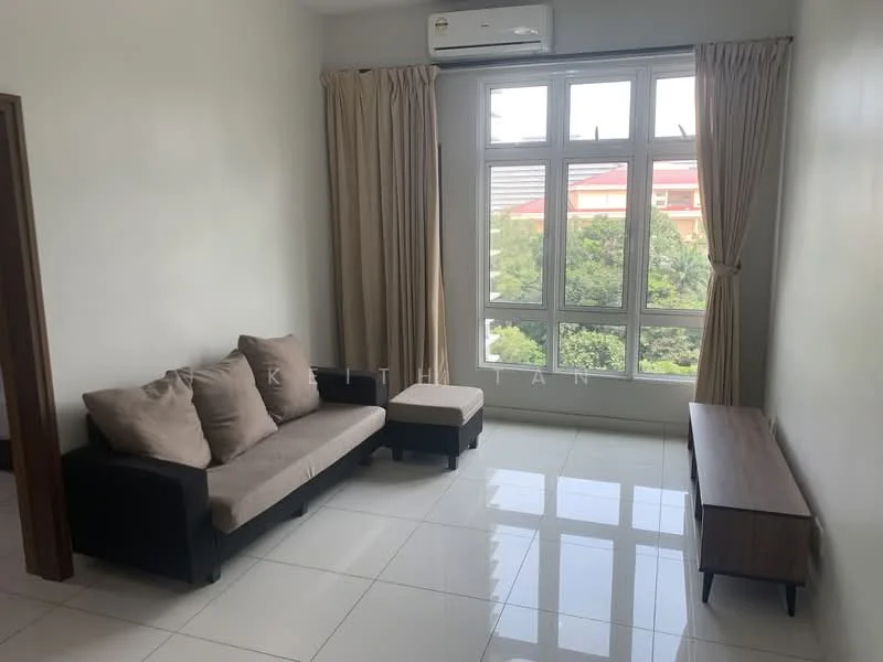 Living features: 3-seater fabric sofa in beige, ottoman, wooden TV console, floor-to-ceiling windows, sheer curtains, white painted walls, glossy tile flooring, wall-mounted split AC; style: modern; view: garden.