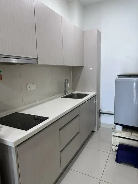 Kitchen features: light wood cabinetry, white countertop, single-bowl stainless-steel sink, chrome pull-down faucet, built-in electric cooktop, wall-mounted range hood, ceramic tile flooring, white tiled backsplash, washing machine, plumbing fixtures visible; style: modern.