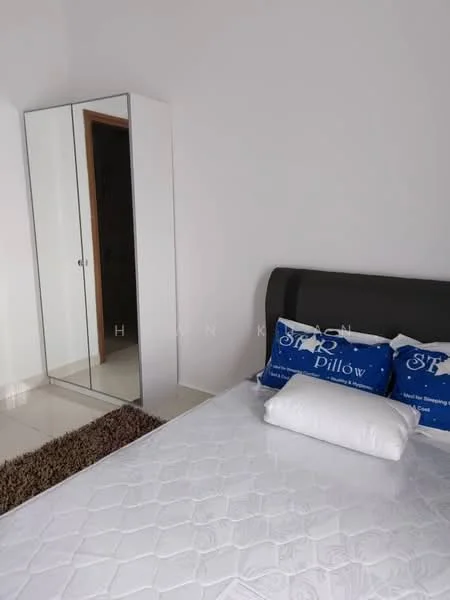 Bedroom features: queen-size bed, upholstered headboard, white bedding, decorative pillows, mirror wardrobe, cream walls, tile flooring, area rug, nightstand, doorway to hallway; style: modern.
