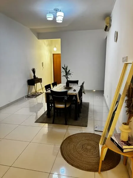 Dining features: rectangular dining table with 6 chairs, white walls, polished ceramic tile flooring, recessed ceiling lights, pendant light fixture, decorative mirror, area rug under dining table, indoor plant in pot, wall-mounted air conditioning unit, wooden side table, doorway leading to another room; style: modern.