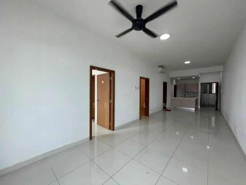 Room features: white painted walls, glossy ceramic tile flooring, ceiling fan, recessed downlights, multiple doorways, open layout, kitchen visible in background, natural light from windows; style: modern.