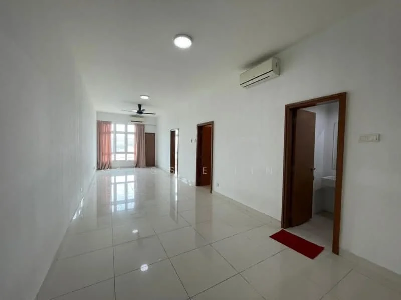 Room features: white painted walls, glossy white tile flooring, 5-blade ceiling fan, recessed downlights, floor-to-ceiling windows, curtains in light fabric, door to bathroom, door to another room, air conditioning unit; style: modern; view: city.
