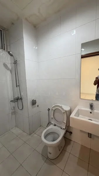 Bathroom features: white tiled walls, white tiled flooring, walk-in shower with glass partition, chrome shower head, single-sink vanity with white cabinet, framed mirror, one-piece toilet, wall-mounted faucet; style: modern.