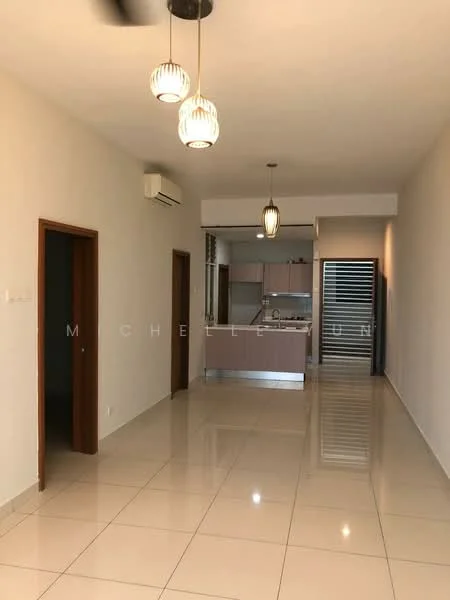 Living features: white painted walls, glossy ceramic tile flooring, 5-blade ceiling fan, 2 pendant lights, air conditioning unit, doorway to kitchen, open layout, neutral color scheme; style: modern. Kitchen features: kitchen cabinetry, countertop, stainless-steel appliances, open layout to living area; style: modern.