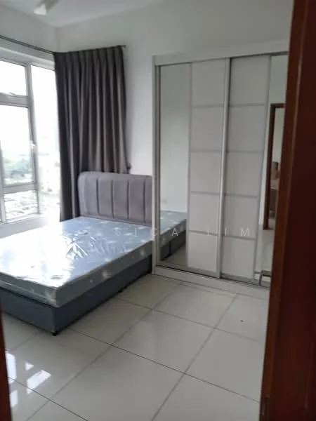 Bedroom features: queen-size bed, upholstered headboard, floor-to-ceiling window, grey curtains, sliding mirror wardrobe, white tiled flooring, white painted walls, decorative mirror; style: modern.
