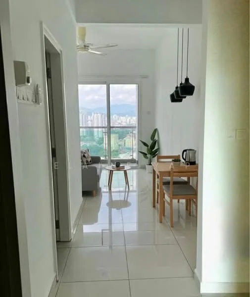 Dining features: white painted walls, glossy tile flooring, 5-blade ceiling fan, dining table with 4 wooden chairs, pendant lighting with 3 black fixtures, floor-to-ceiling windows, city view, indoor plant in ceramic pot, small round coffee table, kettle on the table, sofa in grey fabric; style: modern; view: city. Room features: white painted walls, glossy tile flooring, 5-blade ceiling fan, floor-to-ceiling windows, city view.