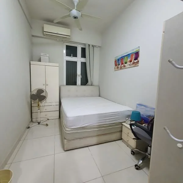 Bedroom features: single bed, white bedding, cream upholstered bed frame, white walls, tile flooring, 1 wall-mounted split AC, ceiling fan, window with sheer curtains, framed artwork on wall, white bedside table, black office chair, small storage cabinet; style: modern.