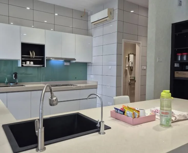 Kitchen features: single-bowl stainless-steel sink, chrome pull-down faucet, white cabinetry, light grey backsplash, white countertop, built-in oven, stainless-steel range hood, 4-burner gas hob, recessed downlights, wall-mounted split AC, open shelving, kitchen island with seating; style: modern.
