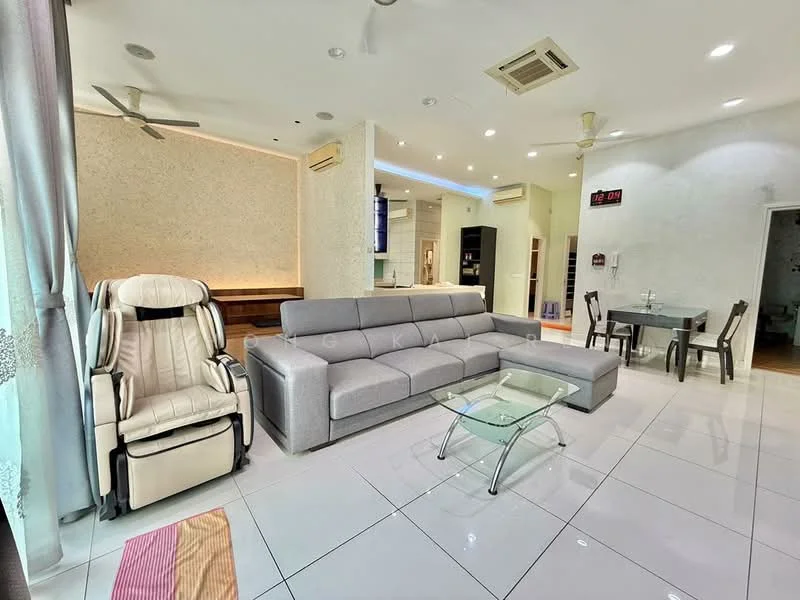 Living features: 3-seater fabric sofa in grey, glass coffee table, recliner chair, dining table for 4, white painted walls, glossy white tile flooring, recessed downlights, 2 ceiling fans, built-in cabinetry, wall-mounted TV, curtains, air conditioning unit; style: modern.