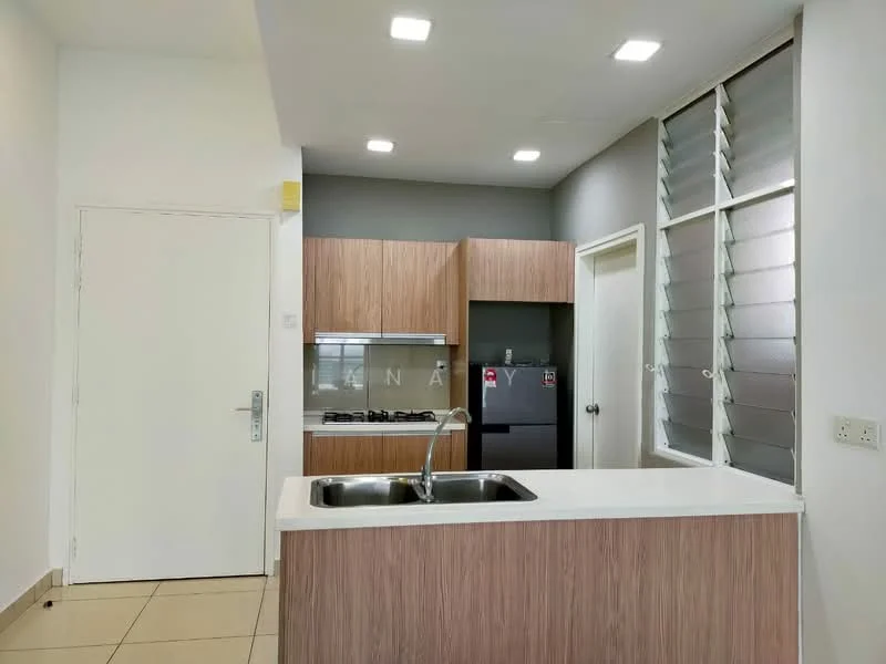 Kitchen features: single-bowl stainless-steel sink, chrome pull-down faucet, laminate countertop, wood cabinetry, built-in gas hob, built-in fridge, grey backsplash, tile flooring, recessed LED downlights, sliding window, white painted walls; style: modern.
