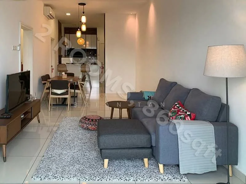 Living features: 3-seater fabric sofa in grey, ottoman, coffee table, TV console, wall-mounted TV, area rug with geometric pattern, pendant lighting, recessed downlights, dining table with chairs, open kitchen, white painted walls, ceramic tile flooring, air conditioning unit; style: modern.