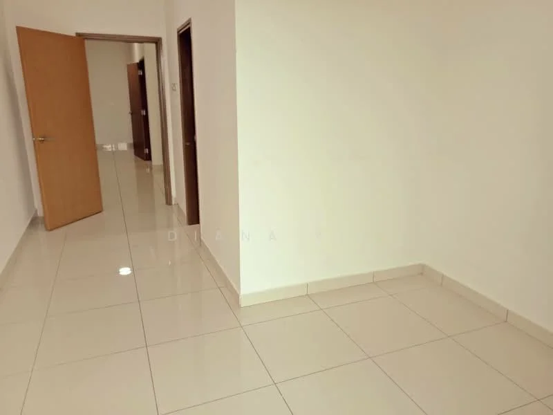 Room features: white painted walls, glossy ceramic tile flooring, doorway leading to another room, doorway leading to hallway, recessed lighting; style: modern.