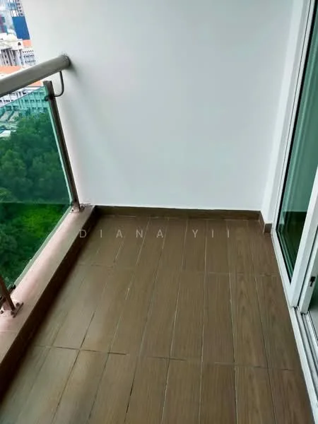 Room features: glass railing, brown wooden tile flooring, floor-to-ceiling windows, city view; view: city.