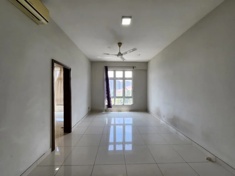 Room features: white painted walls, glossy white tile flooring, ceiling fan, large windows with sheer curtains, natural light from windows, neutral color scheme, no visible furniture, one door leading to another room; style: minimalist; view: garden.