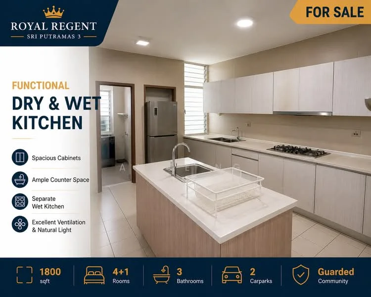 Kitchen features: spacious cabinets, ample counter space, separate wet kitchen, stainless-steel sink, chrome pull-down faucet, built-in oven, freestanding range oven, 4-burner gas hob, tile backsplash, light-colored cabinetry, island with seating, window for natural light, recessed downlights, ceramic tile flooring; style: modern.