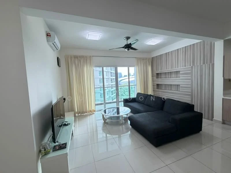 Living features: 3-seater fabric sofa in black, glass coffee table, wall-mounted TV, TV console in white, floor-to-ceiling windows, sheer curtains, ceiling fan with light, recessed downlights, white tiled flooring, wood panel accent wall; style: modern; view: city.