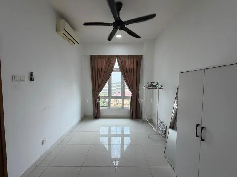 Room features: white painted walls, glossy ceramic tile flooring, ceiling fan, floor-to-ceiling window, sheer curtains, built-in wardrobe, air conditioning unit, decorative mirror; style: modern; view: city.