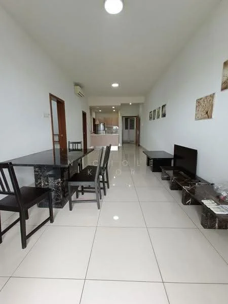 Living features: white painted walls, glossy white tile flooring, recessed downlights, dining table with black marble top, 4 black dining chairs, TV console, wall-mounted TV, sofa, decorative wall art, air conditioning unit; style: modern.