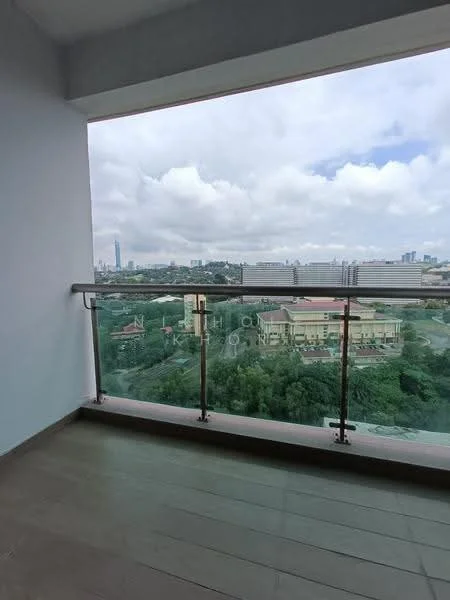 Room features: glass balcony railing, floor-to-ceiling windows, city view, grey tiled flooring, concrete walls, overhead lighting; style: modern; view: city.
