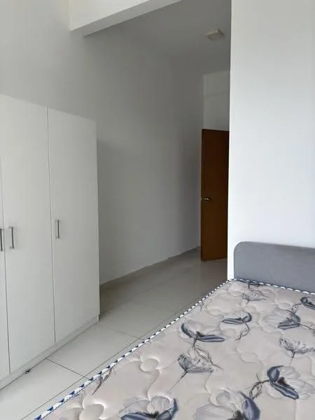 Bedroom features: white painted walls, tile flooring, queen-size bed with floral-patterned mattress, built-in wardrobe with white doors, door leading to another room.