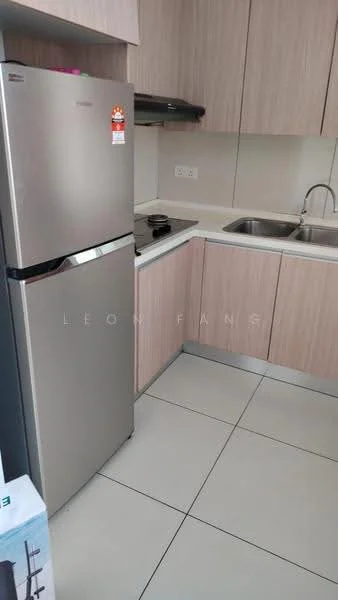 Kitchen features: stainless-steel fridge, built-in oven, 4-burner gas hob, double-bowl stainless-steel sink, light wood cabinetry, white countertop, tile flooring, wall-mounted range hood; style: modern.