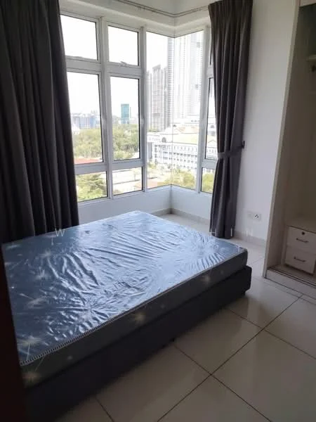 Bedroom features: queen-size bed, floor-to-ceiling windows, curtains, white painted walls, tile flooring, built-in wardrobe, city view, natural light; style: modern; view: city.