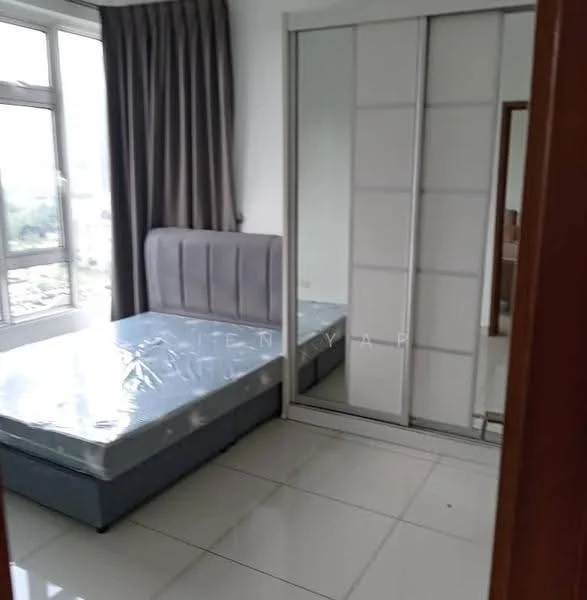 Bedroom features: queen-size bed with grey upholstered headboard, floor-to-ceiling windows, grey curtains, sliding mirror wardrobe, white painted walls, glossy white tile flooring, decorative wall panel, natural light from window; style: modern; view: garden.