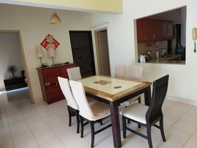 Dining features: dining table with wooden top, 6 dining chairs with fabric upholstery, pendant light fixture, cream painted walls, tile flooring, open layout to kitchen, sideboard cabinet, wall-mounted phone; style: modern. Room features: fan, wooden dresser, kitchen counter visible.