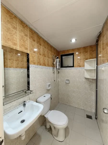 Bathroom features: cream tiled walls, white ceramic floor tiles, single-sink vanity with chrome faucet, one-piece toilet, shower with handheld showerhead, mirror above sink, wall-mounted shelf, recessed lighting; style: modern.