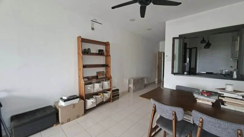 Living features: white painted walls, glossy tile flooring, 5-blade ceiling fan, wooden shelving unit, dining table with grey upholstered chairs, box storage, open layout to kitchen, natural light from windows; style: modern.