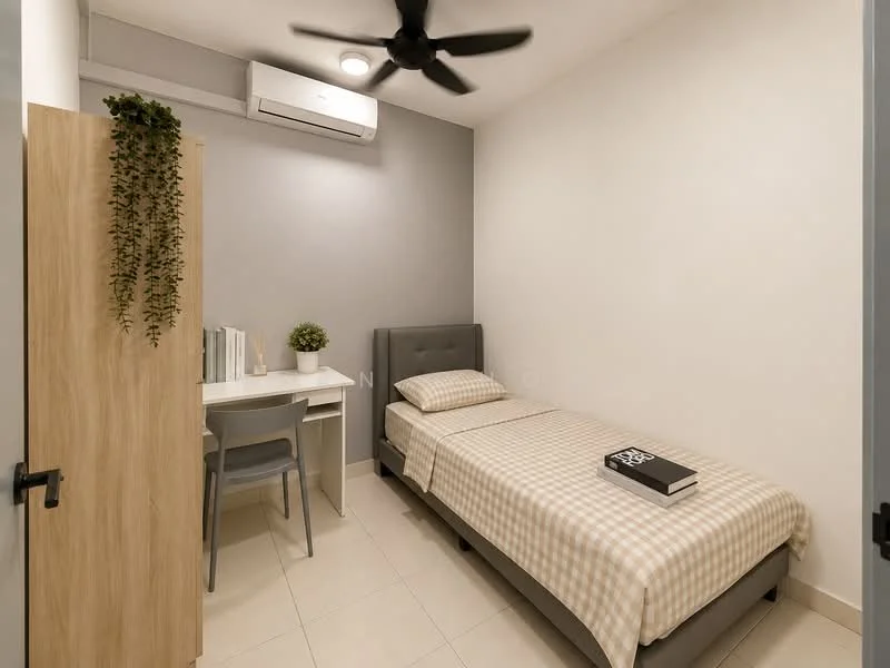 Bedroom features: single bed with grey upholstered headboard, plaid bedspread in beige and white, study desk with white surface, grey chair, built-in wardrobe with wooden finish, wall-mounted air conditioning unit, ceiling fan, decorative plant on desk, light grey accent wall, white painted walls, tile flooring; style: modern.
