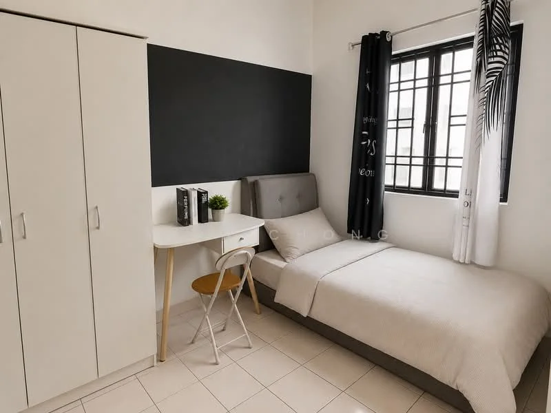 Bedroom features: single bed with grey upholstered headboard, white bedding, white walls, black accent wall, floor-to-ceiling window with black frame, black and white curtains, white desk with wooden legs, white chair, built-in wardrobe with white finish, decorative plant on desk, books on desk; style: modern.