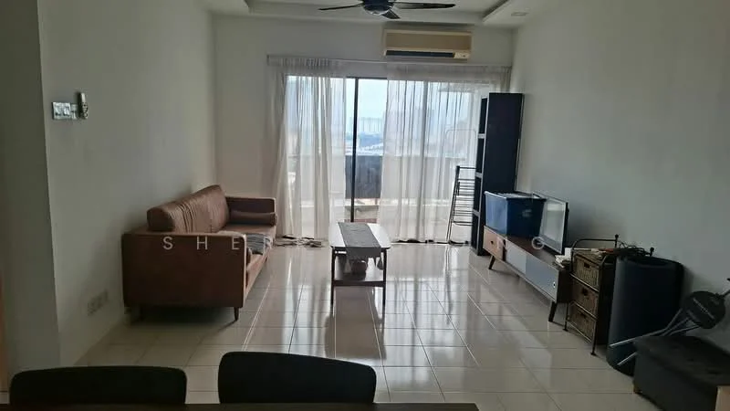 Living features: 3-seater brown leather sofa, wooden coffee table, TV console, wall-mounted TV, floor-to-ceiling sliding glass door, curtains, white painted walls, glossy ceramic tile flooring, ceiling fan, air conditioning unit; style: modern; view: city.