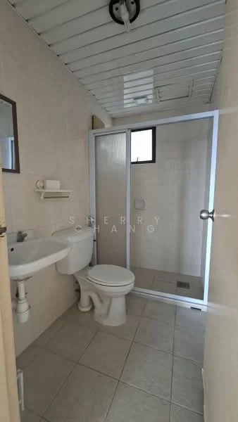 Bathroom features: single-sink vanity with white cabinet, chrome basin mixer faucet, framed mirror, one-piece toilet, walk-in shower with glass enclosure, tile cladding on walls, ceramic tile flooring, exhaust fan, window for natural light, shelf for toiletries; style: modern.