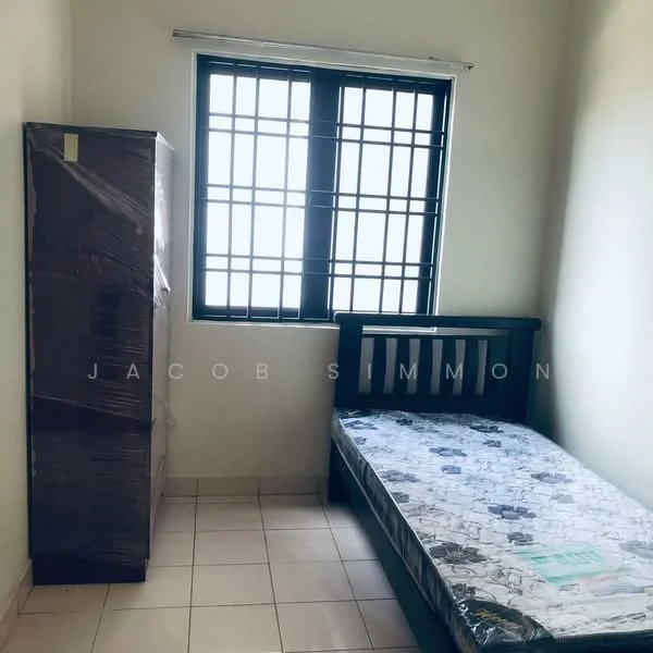 Bedroom features: single bed, mattress on bed frame, wooden bed frame, wardrobe, tiled flooring, window with metal grille, neutral wall color, natural light from window.