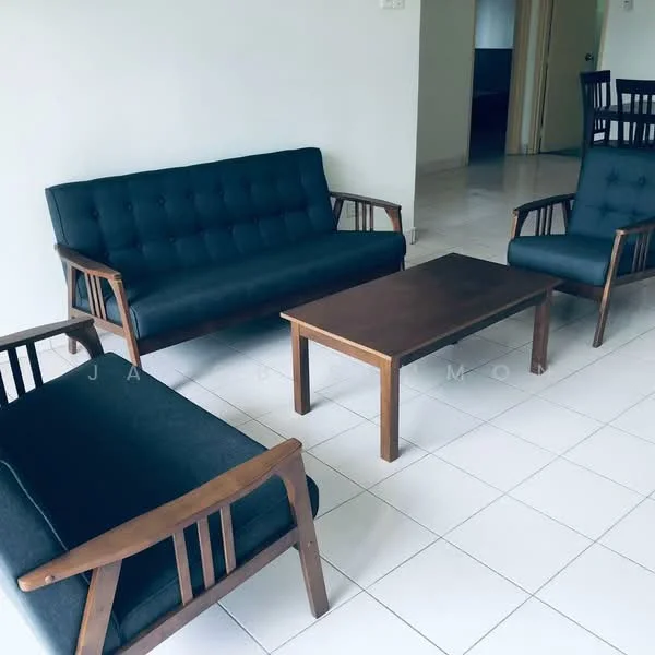 Living features: 3-seater fabric sofa in dark blue, 2-seater fabric sofa in dark blue, wooden coffee table, wooden armchairs, white painted walls, tile flooring, natural light from windows, neutral decor; style: modern.