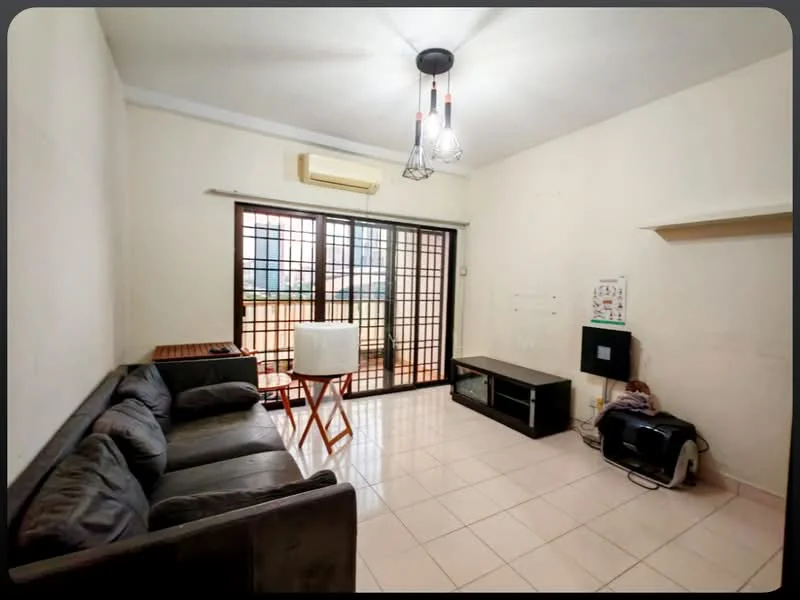 Living features: grey fabric sofa, wooden side table, TV console, wall-mounted TV, floor tiles, air conditioning unit, glass sliding doors, curtains, ceiling light fixture with bulbs; style: modern.