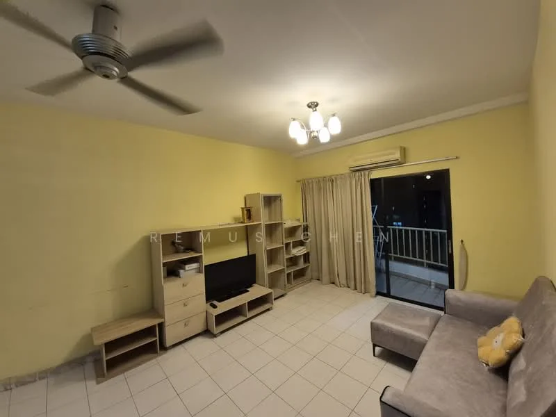 Living features: light yellow painted walls, white ceiling, 5-blade ceiling fan with light, chandelier, tiled flooring, grey fabric sofa, TV console, wall-mounted TV, open shelving unit, curtains, sliding glass door, balcony view; style: modern; view: city.