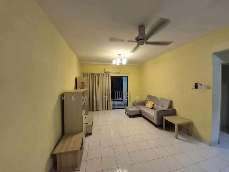 Living features: yellow painted walls, white tiled flooring, 5-blade ceiling fan with light, sofa in grey, wooden coffee table, TV console, curtains, sliding glass door, access to balcony; style: modern.