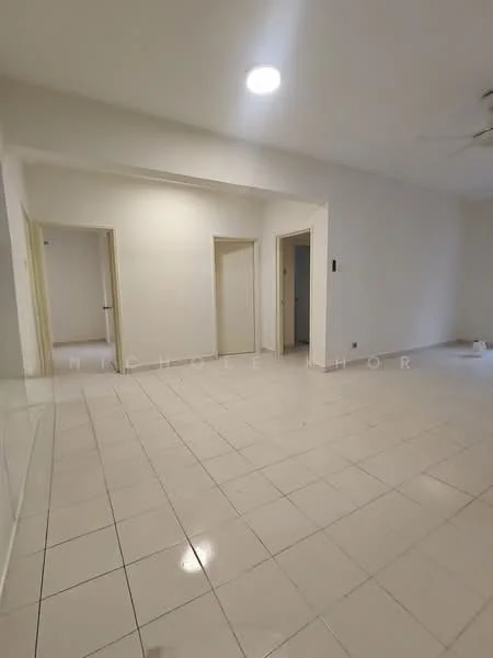 Room features: white painted walls, glossy ceramic tile flooring, recessed downlights, ceiling fan, doorways leading to other rooms.