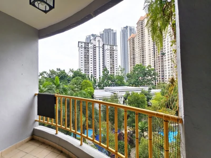 Balcony features: curved balcony, yellow railing, tile flooring, view of city skyline, greenery visible, surrounding high-rise buildings; view: city.