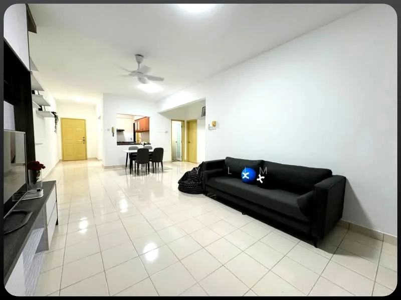 Living features: white painted walls, glossy tile flooring, 5-blade ceiling fan, black fabric sofa, TV console, dining table with chairs, open layout, recessed lighting; style: modern.