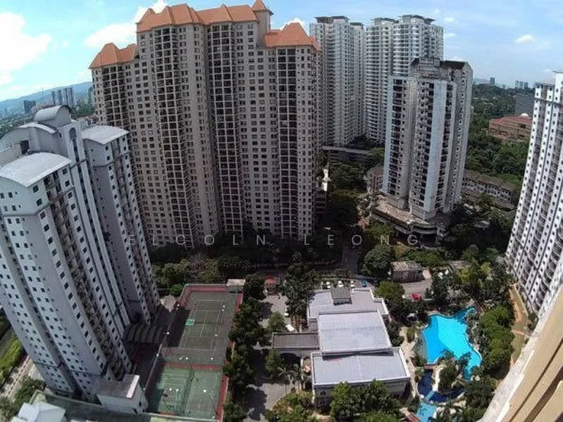Exterior type: high-rise condominium; features: multiple high-rise buildings, swimming pool, tennis courts, landscaped garden, outdoor seating area, manicured lawns, surrounding greenery, city skyline in background; style: modern.