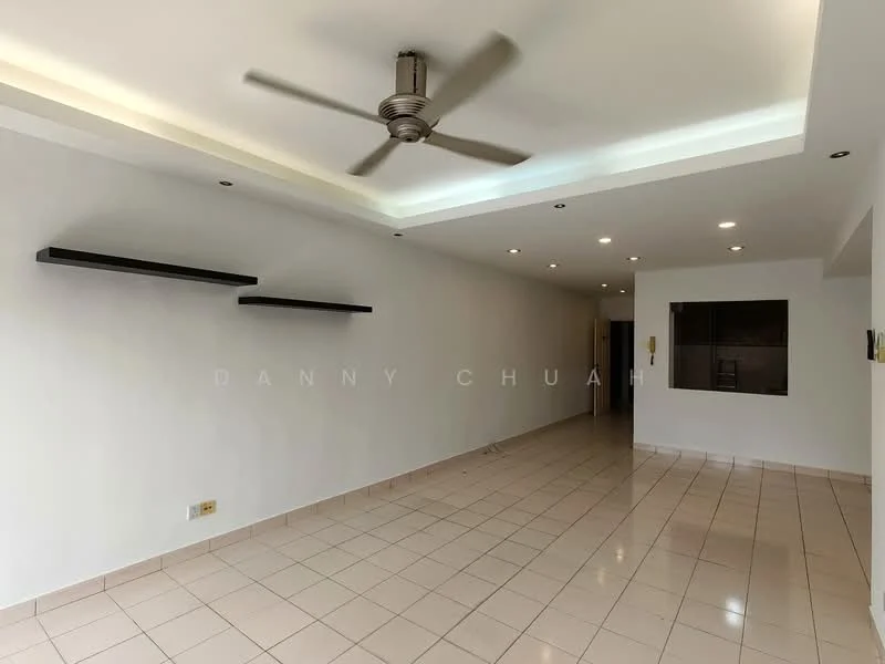 Living features: white painted walls, tile flooring, 5-blade ceiling fan with light, recessed downlights, shelves on wall, open layout, kitchen area visible in background; style: modern.