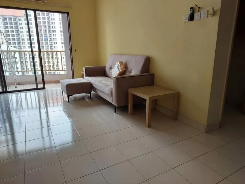 Living features: light yellow painted walls, glossy white tile flooring, 3-seater fabric sofa in light pink, ottoman, wooden side table, floor-to-ceiling sliding glass door, city view through balcony, natural light from window, decorative cushion; style: modern; view: city.