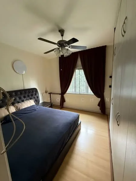 Bedroom features: queen-size bed with upholstered headboard, dark blue bedding, wooden flooring, ceiling fan with light, floor-to-ceiling window, dark red curtains, built-in wardrobe with sliding doors, decorative wall mirror; style: modern.